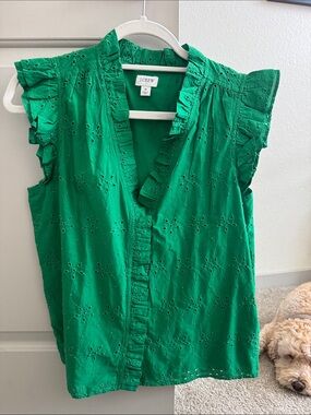 J. Crew Emerald Green Eyelet Ruffle Cap-Sleeve Blouse